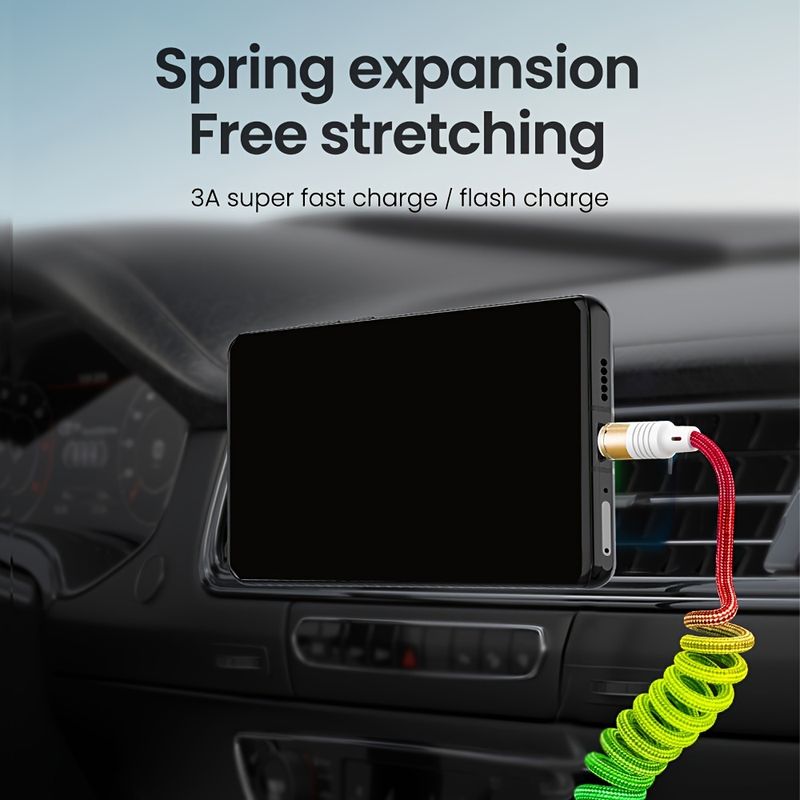 3A Fast Spring USB Type C Charger Cable - Adjustable Length, Nylon Braided, Durable, Fast Charging, Compatible with Samsung/Xiaomi_voghion.com