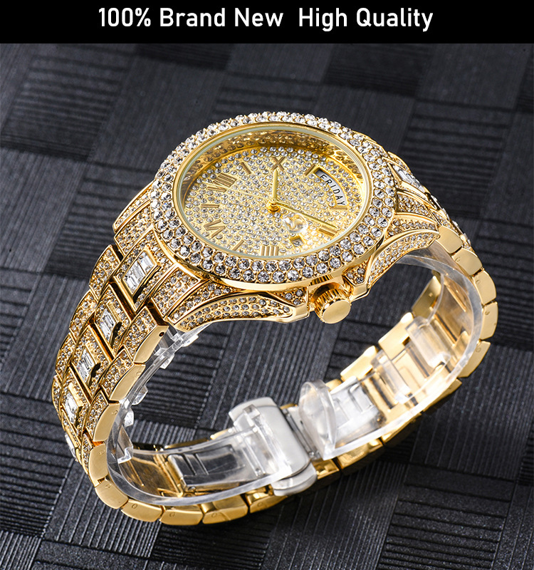 MISSFOX Dual Calendar New Full Diamond Luxury Men's Quartz Gentlemen's Watch Gold Fashion_voghion.com