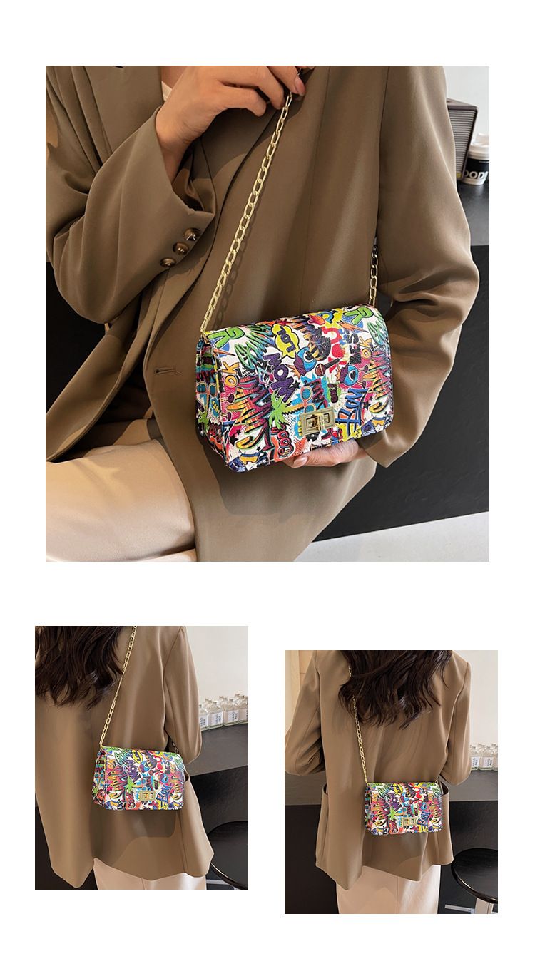 New trendy women's with Korean print style graffiti small square bag, buckle chain, single shoulder diagonal cross bag_voghion.com