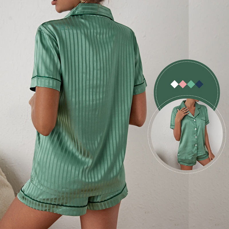 Pama Set Women's Striped Silky Satin Pamas Short Sleeve Top with Shorts Sleepwear PJ Set Underwear 2023 New S-2XL_voghion.com