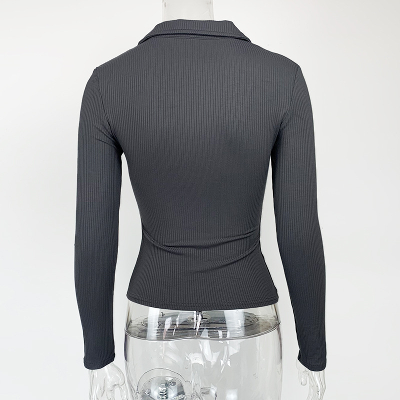T-shirt da donna elegante con collo alto e maniche lunghe a V profonda in cotone attillato_voghion.com