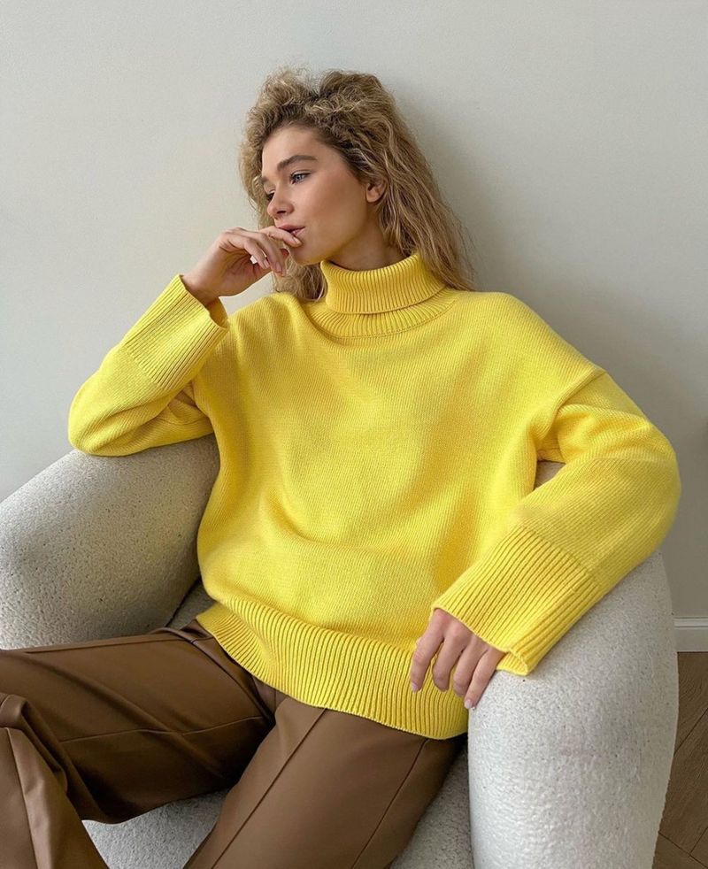Pull oversize en tricot à col montant pour femme – Pull doux en acrylique (15 couleurs) – Indispensable pour l'hiver, minimaliste et confortable (taille unique)_voghion.com
