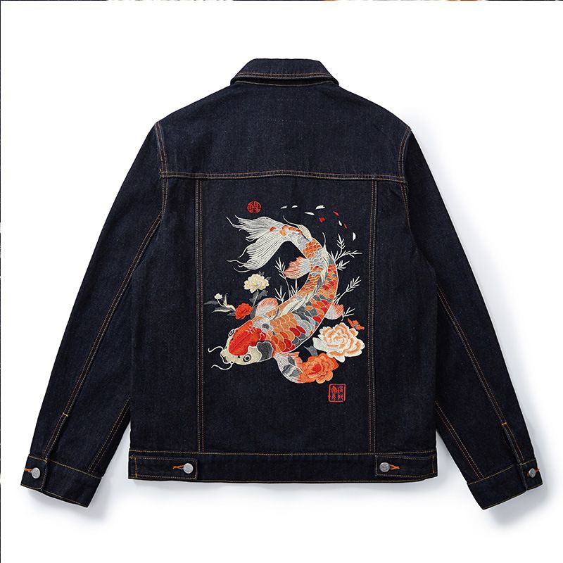 Autumn New Genuine Leather High-Density Embroidered Koi Red-Eared Denim Jacket Retro Trendy Brand Coat_voghion.com