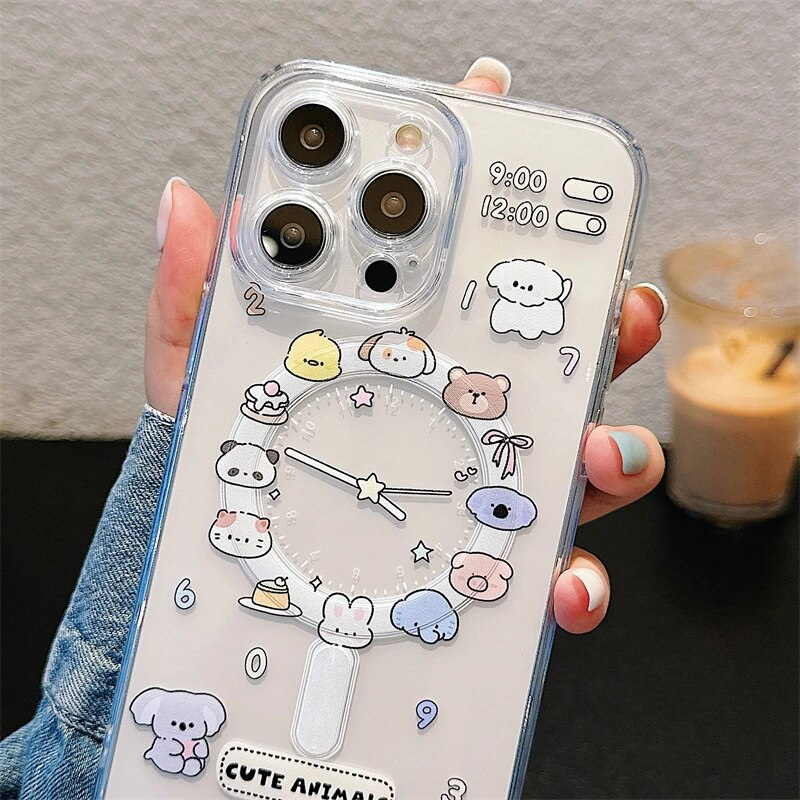 Cute Cartoon Animal Dog Cat Clear Phone Case For IPhone 11 12 13 14 15 16 Pro Max Plus Wireless Charging Magnetic Cover_voghion.com
