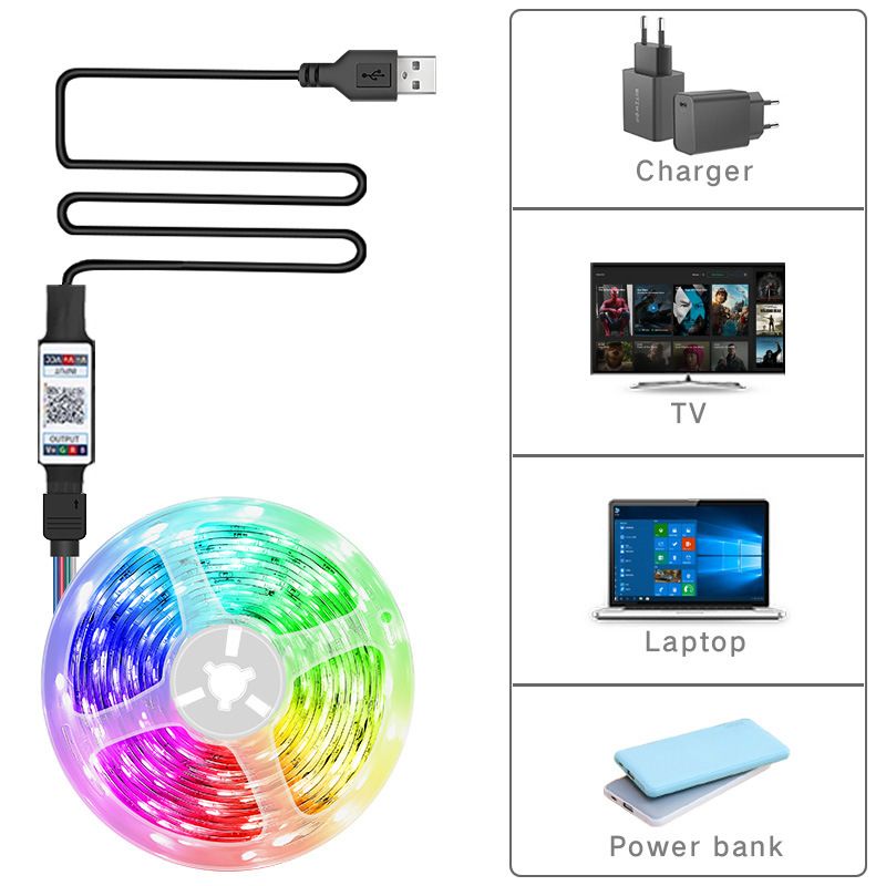 Tira de luces LED RGB con Bluetooth, USB, 5 V, control por aplicación, 5050 SMD, 18 LED/m, flexible, ideal para decoración del hogar y retroiluminación de TV._voghion.com