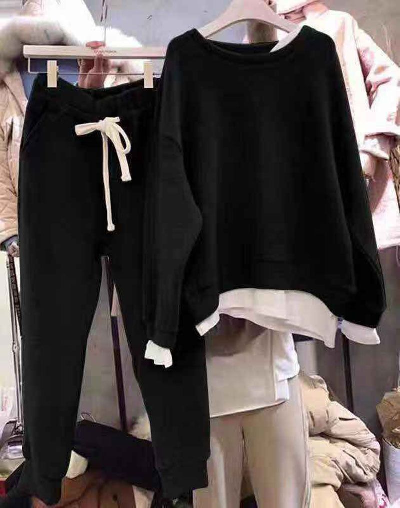 Women's Clothing Chic Two-Piece Layered Sweatshirt Set For Women - Autumn/Winter Loose Knitwear With Faux Patchwork (Grey/Black, Sizes S-XXL)_voghion.com