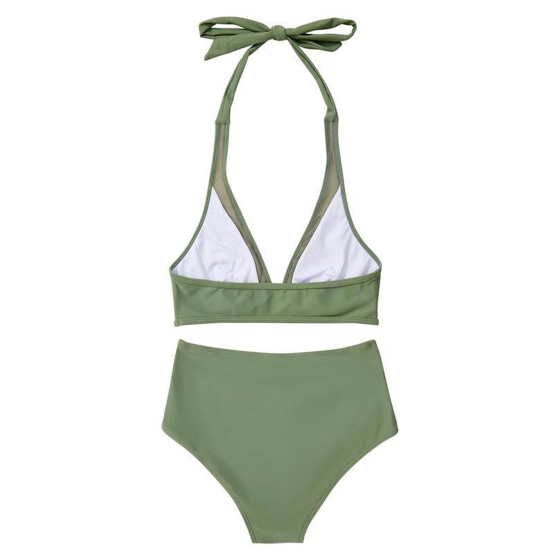 Maillot de bain une pièce sexy ajouré couleur unie, maillot de bain une pièce en maille épissée, taille haute, décolleté plongeant_voghion.com