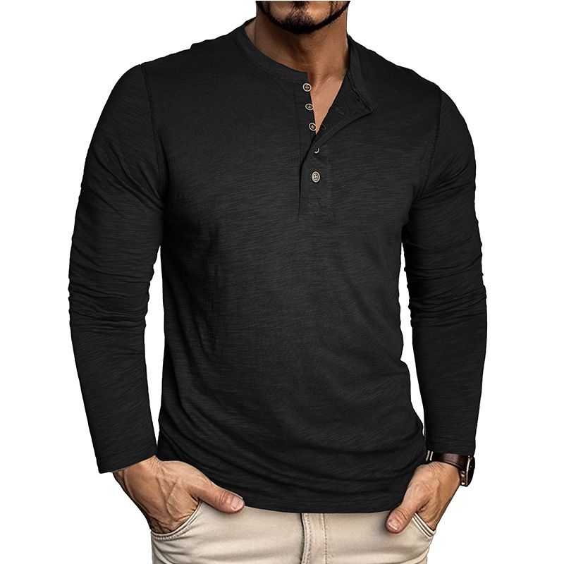 T-Shirt zum Knöpfen für Herren – Weiches Langarm-T-Shirt aus Bambusbaumwolle mit Rundhalsausschnitt für den Alltag (Schwarz, Marineblau, Militärgrün, Weiß, Khaki)_voghion.com