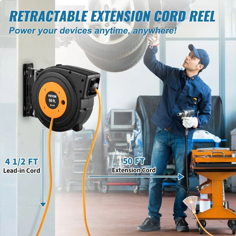 Power Reel Extension Cord 50ft Retractable Reel Cord 14AWG/3CSJTOW_voghion.com