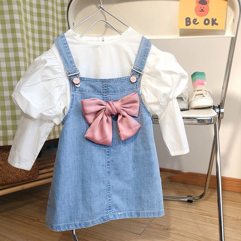 Abbigliamento per bambini, set da due pezzi per ragazze, top con maniche a sbuffo e tuta in denim con gonna_voghion.com