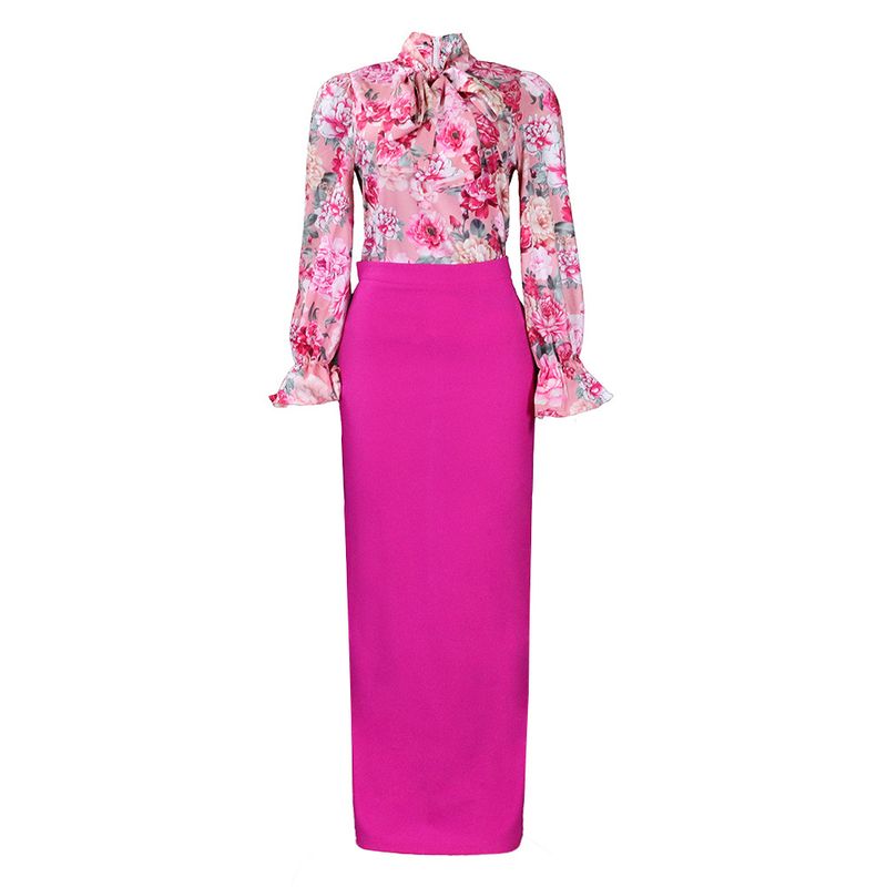 Dameskleding Mode Bedrukt Strappy Shirt met Lange Mouwen Rok Lange Rok Tweedelige Set_voghion.com