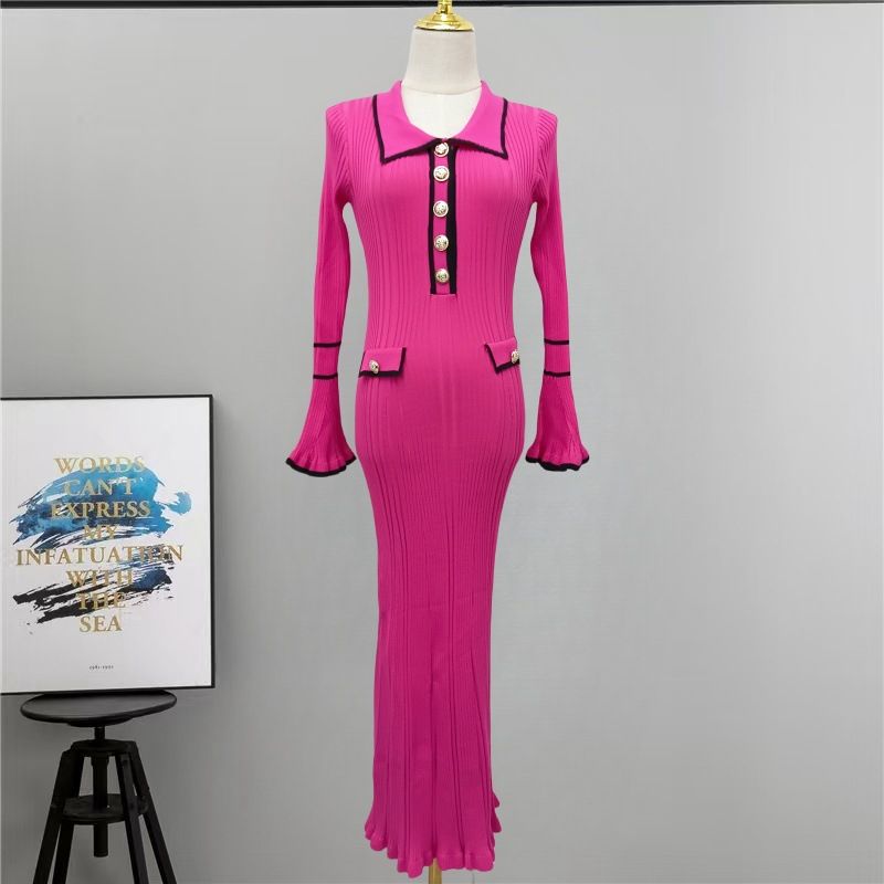 Inspired Strickkleid mit Babydoll-Kragen – X-Linien-Langarmkleid für Damen mit ausgestelltem Saum und Knopfdetail (S-XL, einfarbig, hohe Taille)_voghion.com