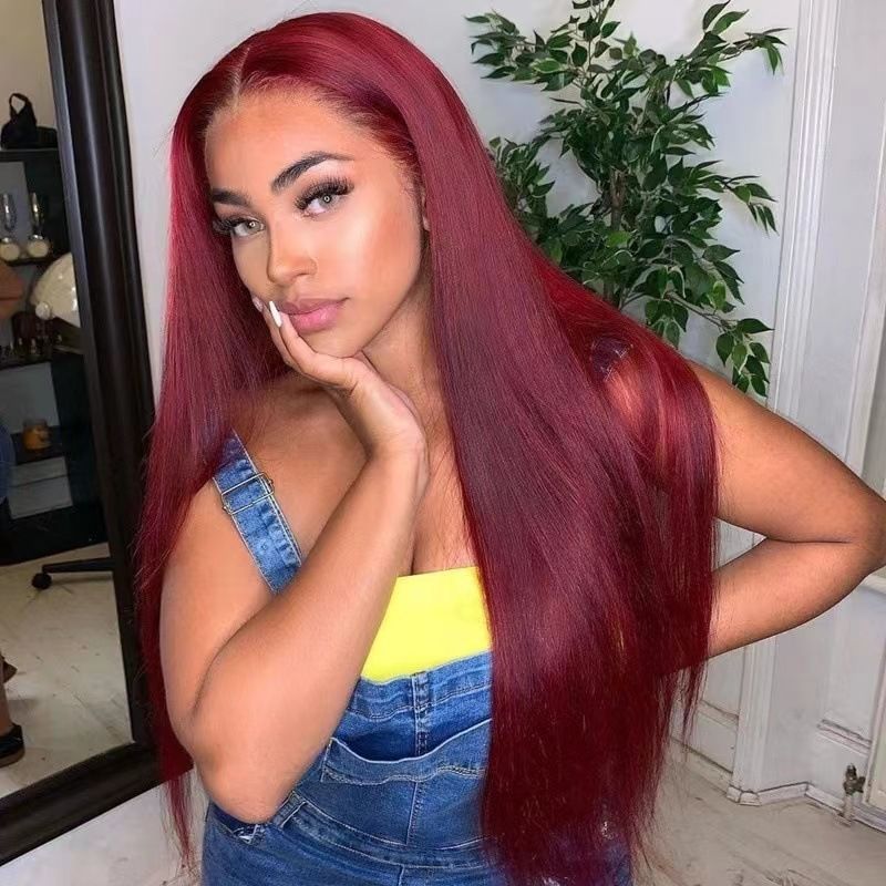 Pruik vrouw wijnrood lang steil haar met lange pony mode hoofddeksel van chemische vezels_voghion.com