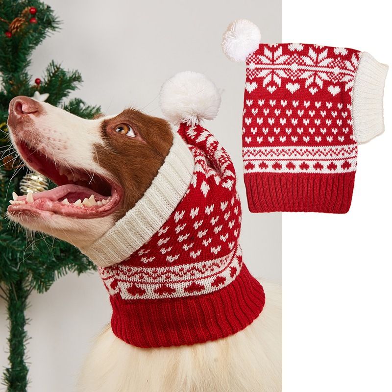 Cappello di pelliccia di gatto cucciolo di animale domestico elastico lavorato a maglia con fiocco di neve rosso verde di Natale e alce_voghion.com