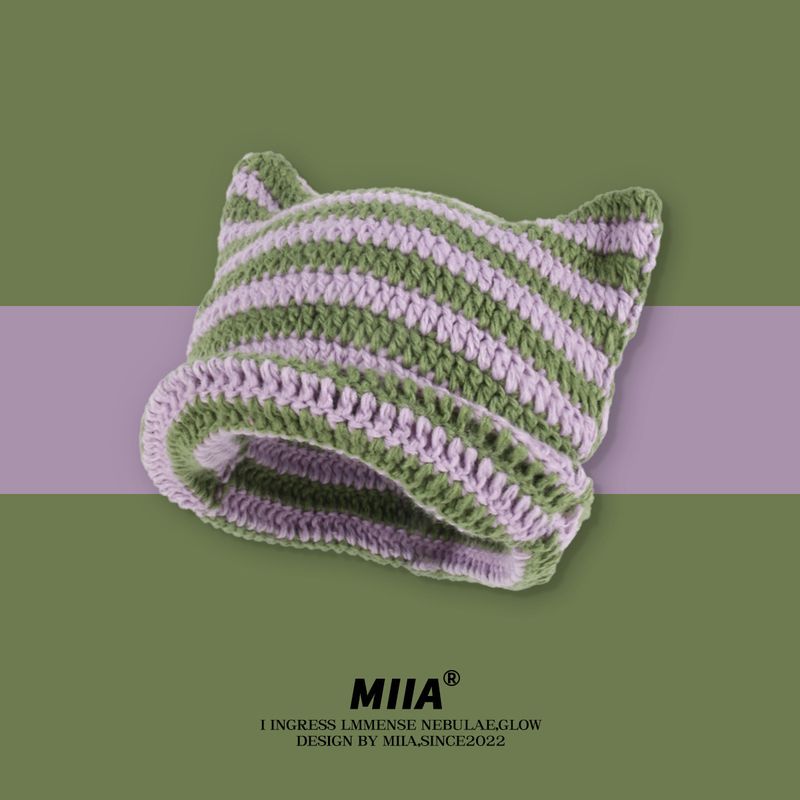 Japanischer Stil Imp gestreifte gestrickte Wollmütze für Kinder Katzenohren süße spitze Mütze Pullover Mütze für Frauen Straße_voghion.com