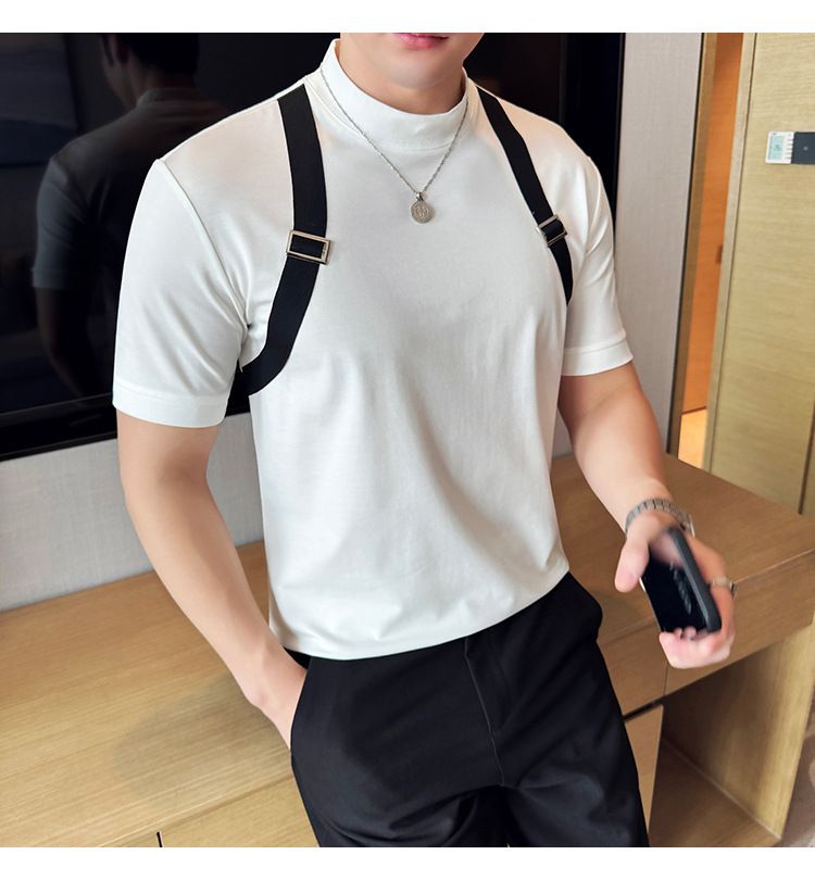 Good Things Recommend Summer Thin T-shirt Fashion Strap Design Splicing Round Neck Short-sleeved T-shirt Men's Webbing Decorative T-shirt_voghion.com