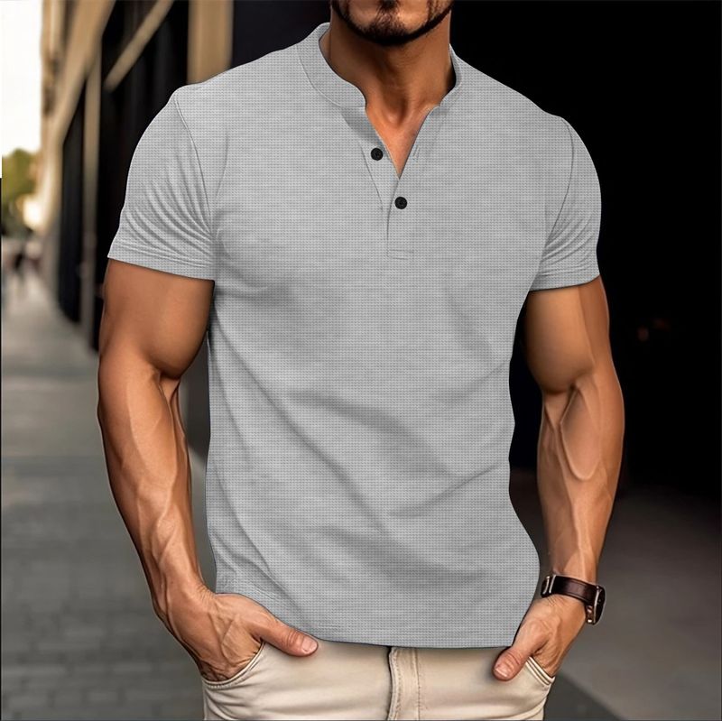 001 Cross-border 2024 Summer Men's Short Sleeve V-neck Waffle Solid Color Button Polo Shirt_voghion.com