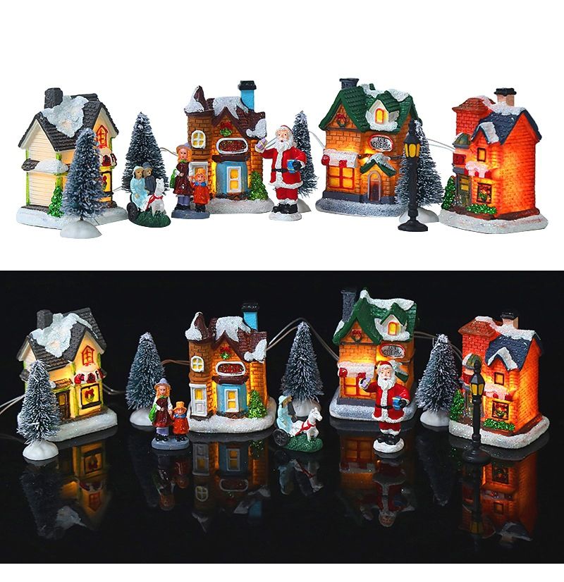 LED Resin Christmas Village Ornaments Set Figurines Decoration Santa Claus Pine Needles Snow View House Holiday Gift Hom_voghion.com