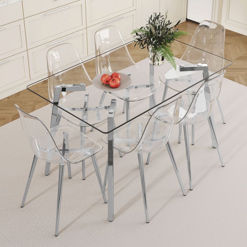 Table And Chair Set.51 * 31.5 Inch Silver Leg Glass Dining Table With 6 Transparent Dining Chairs: A Stylish Combination That Showcases Elegant Style._voghion.com