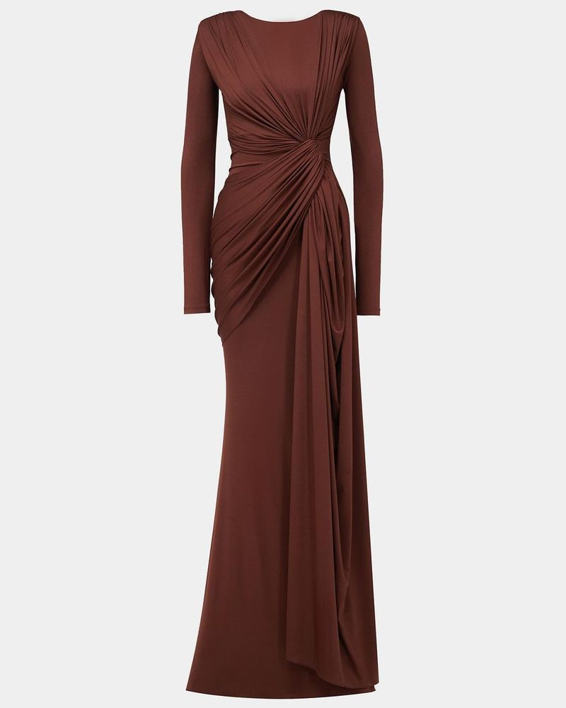 Women's Clothing Sexy Fashion Round Neck Pleated Waist Slim Fit Solid Color Temperament Dress_voghion.com