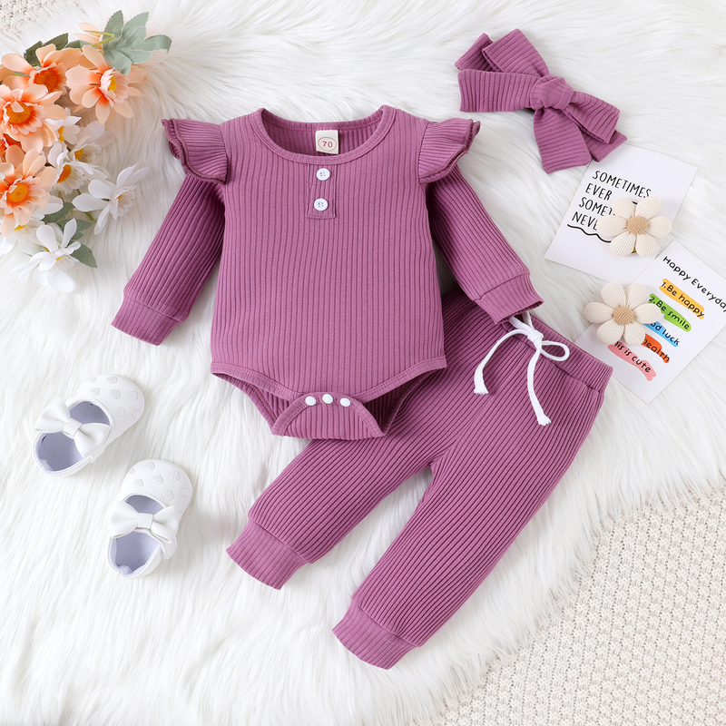 Babykleidung, einfarbig, lässig, Pit-Strip, Langarm, kleine fliegende Ärmel, einteilige Harshirt-Hose, dreiteilige Schleife, Kopftuch_voghion.com