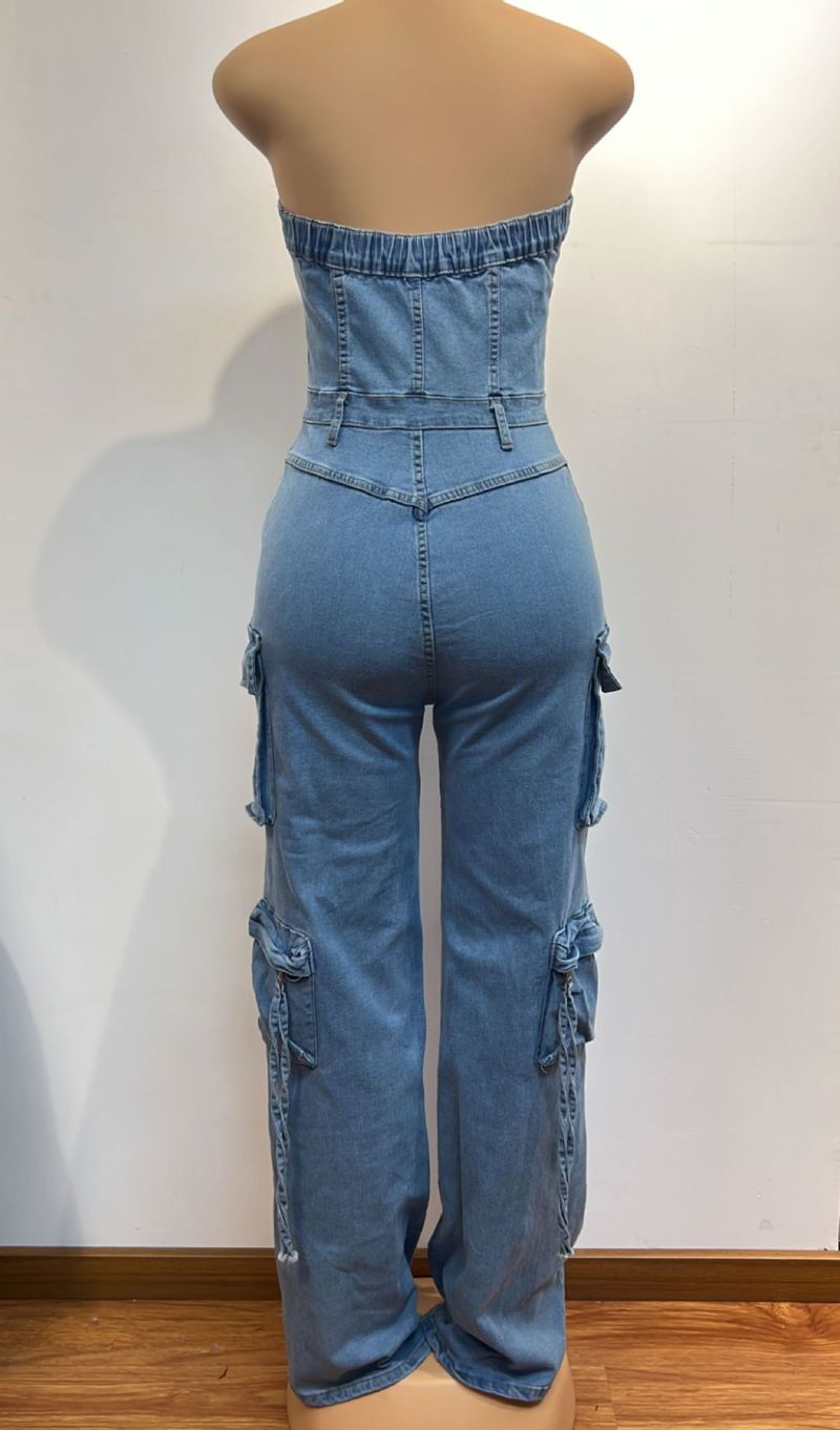 Damenbekleidung Neues Tube Top Multi Pocket Workwear Jeans Jumpsuit Anzug Multi Button_voghion.com