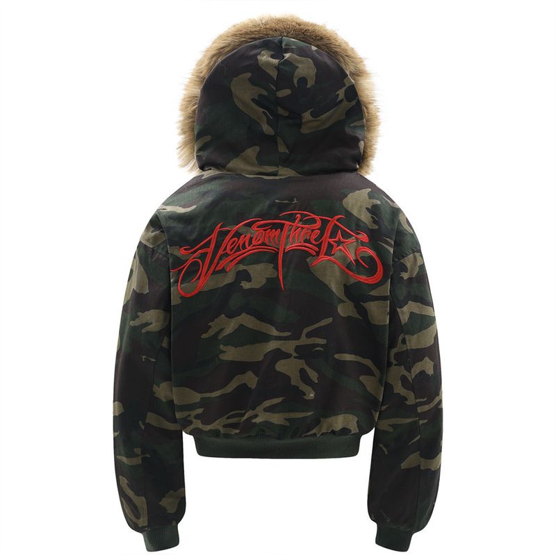 Giacca invernale con cappuccio mimetico con ricamo a lettere, fodera in pile, cerniera doppia staccabile, cappotto in cotone da uomo alla moda_voghion.com