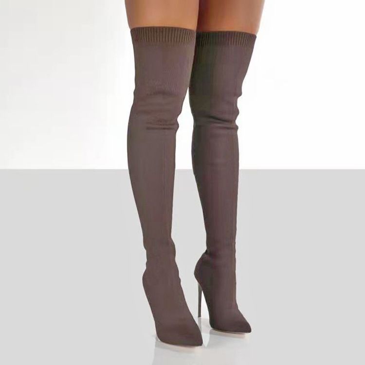 Plus Size Shoes Women's Stretch Knit Over-the-Knee Boots With Pointed Toe And High Heel For Autumn Winter Flyknit Elastic Wool Slip On Peep Toe_voghion.com