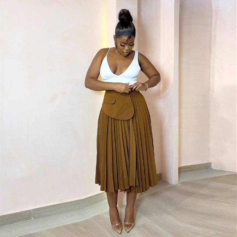 Women's Clothing summer new solid color pleated A line half length high waist pleated skirt_voghion.com