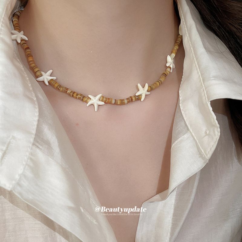 Collar de cuentas de estrella de mar, piedra de concha de acero de titanio, pulsera, estilo vacaciones de playa, cadena de clavícula, lujo ligero de alta gama_voghion.com