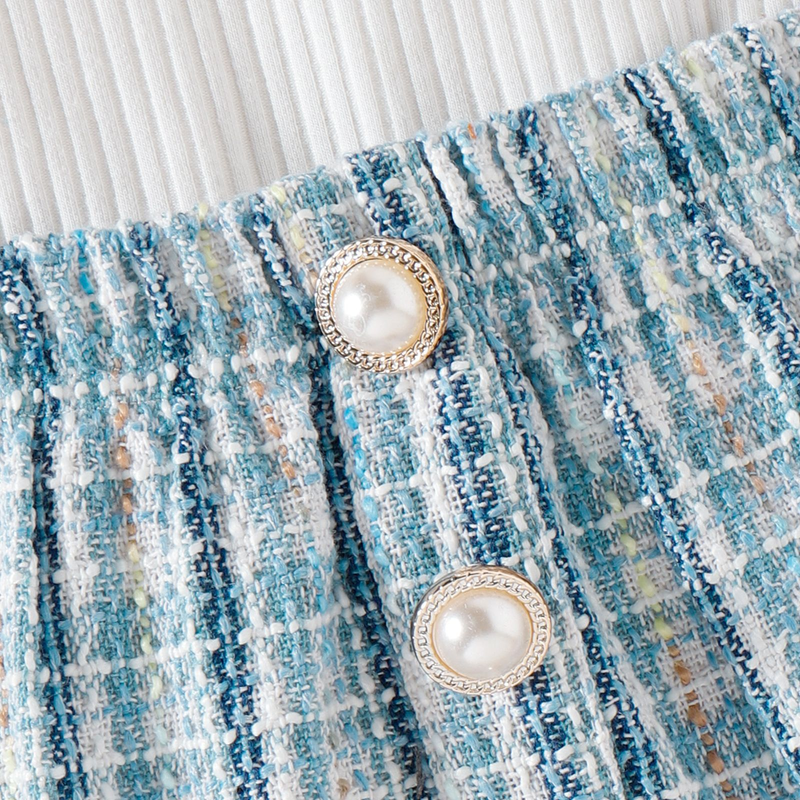 Girls set, small and medium-sized girl pit stripe high necked long sleeved top+small fragrant checkered short skirt_voghion.com