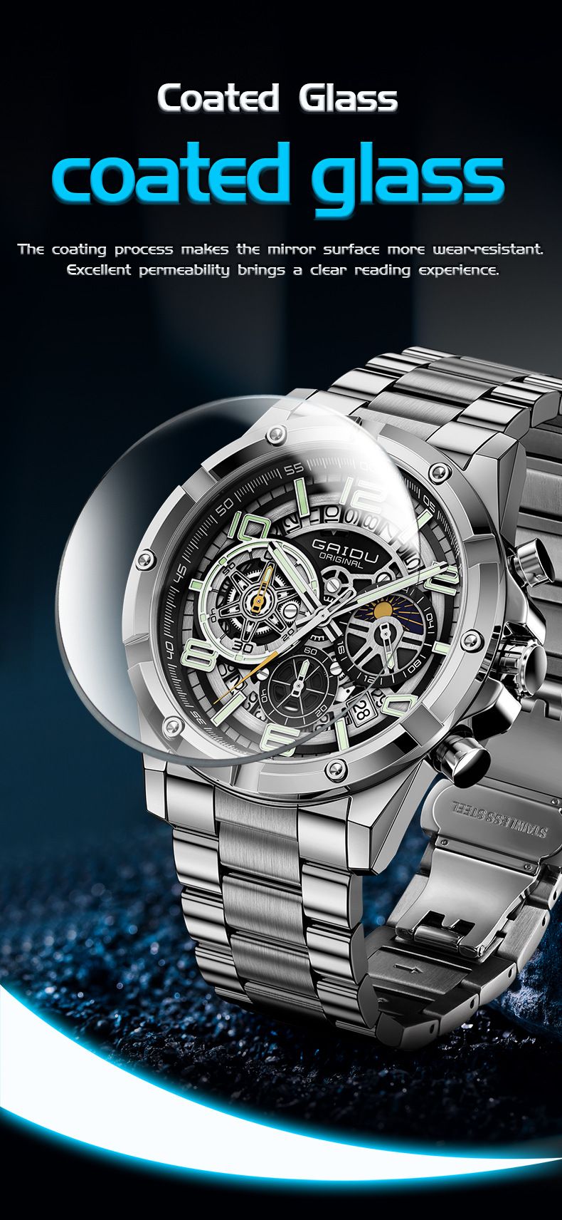 Reloj cronógrafo de negocios para hombre con manecillas luminosas, indicador de fecha y correa de acero inoxidable. Elegante caja de 42 mm y resistente al agua hasta 30 m._voghion.com
