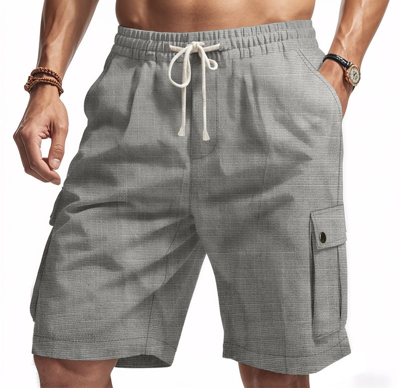 Pantaloncini da uomo in lino, pantaloncini cargo tinta unita con elastico in vita, tasche per viaggi e tempo libero, pantaloncini da spiaggia a gamba larga per l'estate_voghion.com