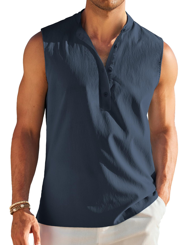 Vêtements pour hommes printemps et été, nouvelle chemise sans manches semi-ouverte pour hommes, gilet décontracté d'extérieur pour hommes_voghion.com