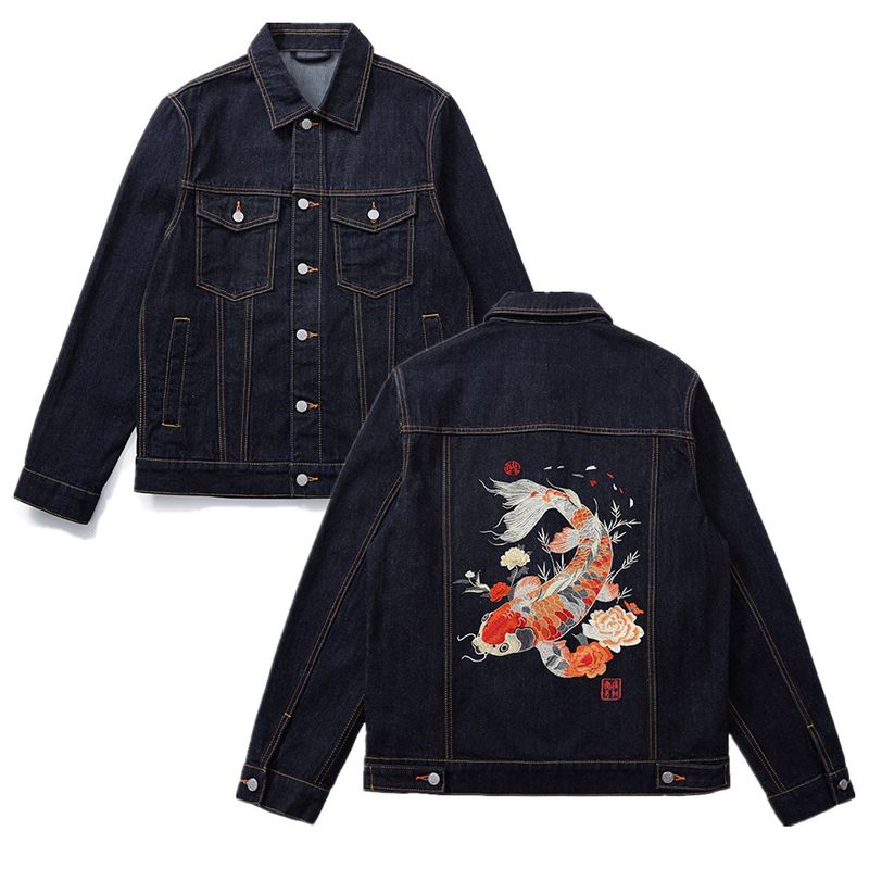 Autumn New Genuine Leather High-Density Embroidered Koi Red-Eared Denim Jacket Retro Trendy Brand Coat_voghion.com