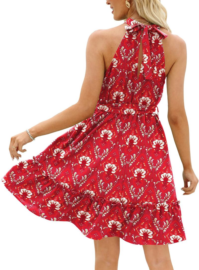 2023 Frühling und Sommer, A-Linien-Rock, Neckholder, florales Schnür-Tunika-Kleid mit offenem Rücken_voghion.com