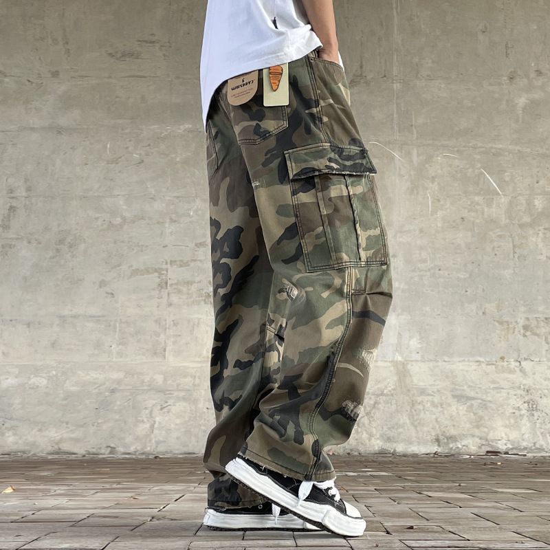 Vintage Streetwear Camo Cargo Pants For Men – Distressed Washed Denim With Handmade Patches & Ripped Details_voghion.com