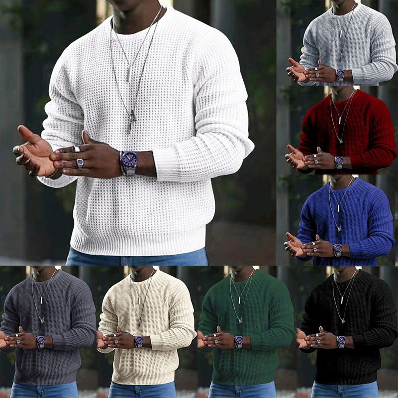 Autumn new round neck cotton waffle solid color knitted sweater men's pullover casual long sleeved shirt_voghion.com
