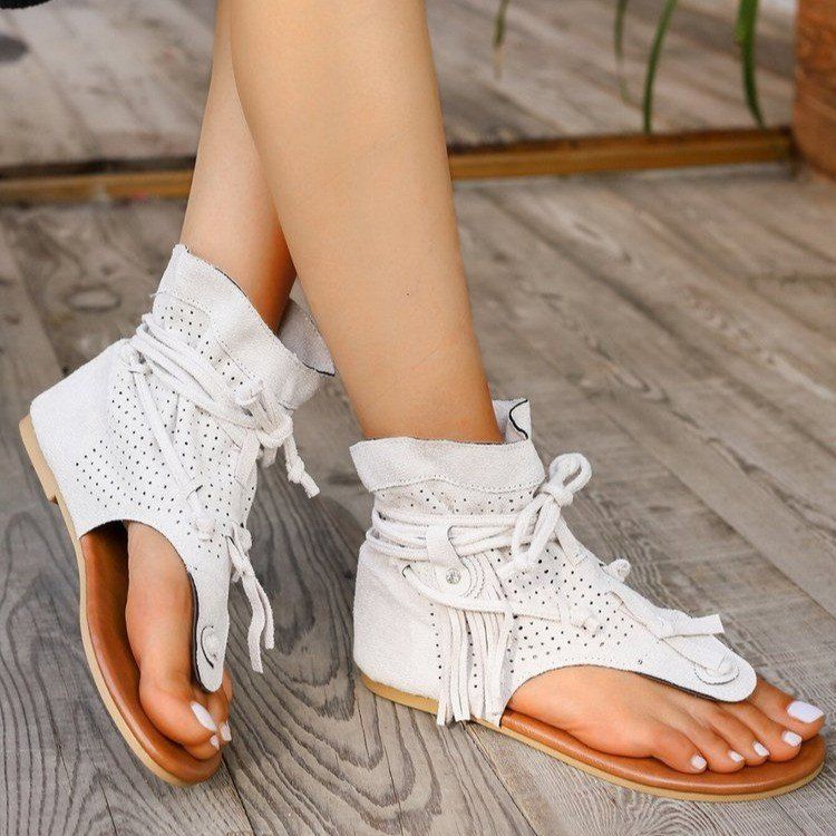 Large size boots for women summer tassel flat toed hollow sandals_voghion.com