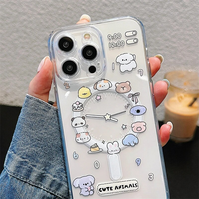 Cute Cartoon Animal Dog Cat Clear Phone Case For IPhone 11 12 13 14 15 16 Pro Max Plus Wireless Charging Magnetic Cover_voghion.com