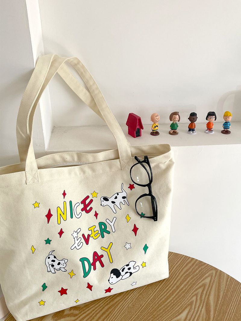 2024 New Student School Cute Illustration Large Capacity Shoulder Zipper Canvas Tote Bag Women_voghion.com