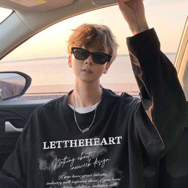 Maglietta a maniche lunghe in puro cotone stile americano da uomo, felpa ampia di grandi dimensioni, strato interno bianco, base da uomo_voghion.com