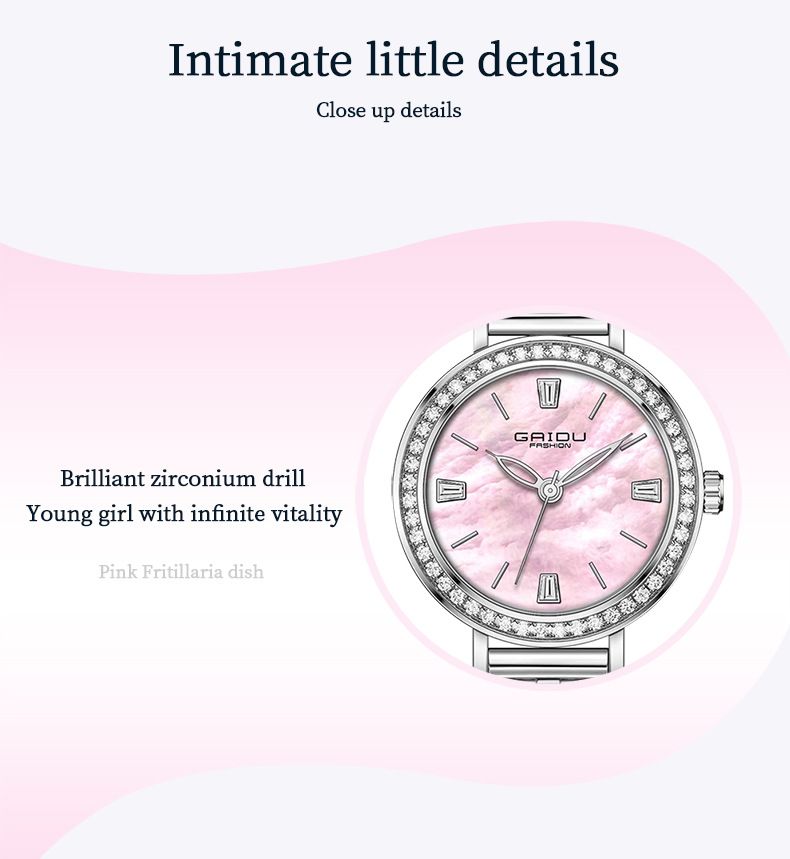 Montre élégante pour femme avec accents de diamants, cadran en nacre, bracelet en acier inoxydable, mouvement à quartz résistant à l'eau._voghion.com
