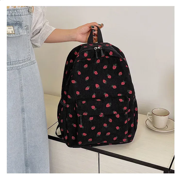 Corduroy Strawberry Backpack Student Multi Pocket Youth Adjustable Strap Notebook Outdoor Mochila Escolars 250408l_voghion.com
