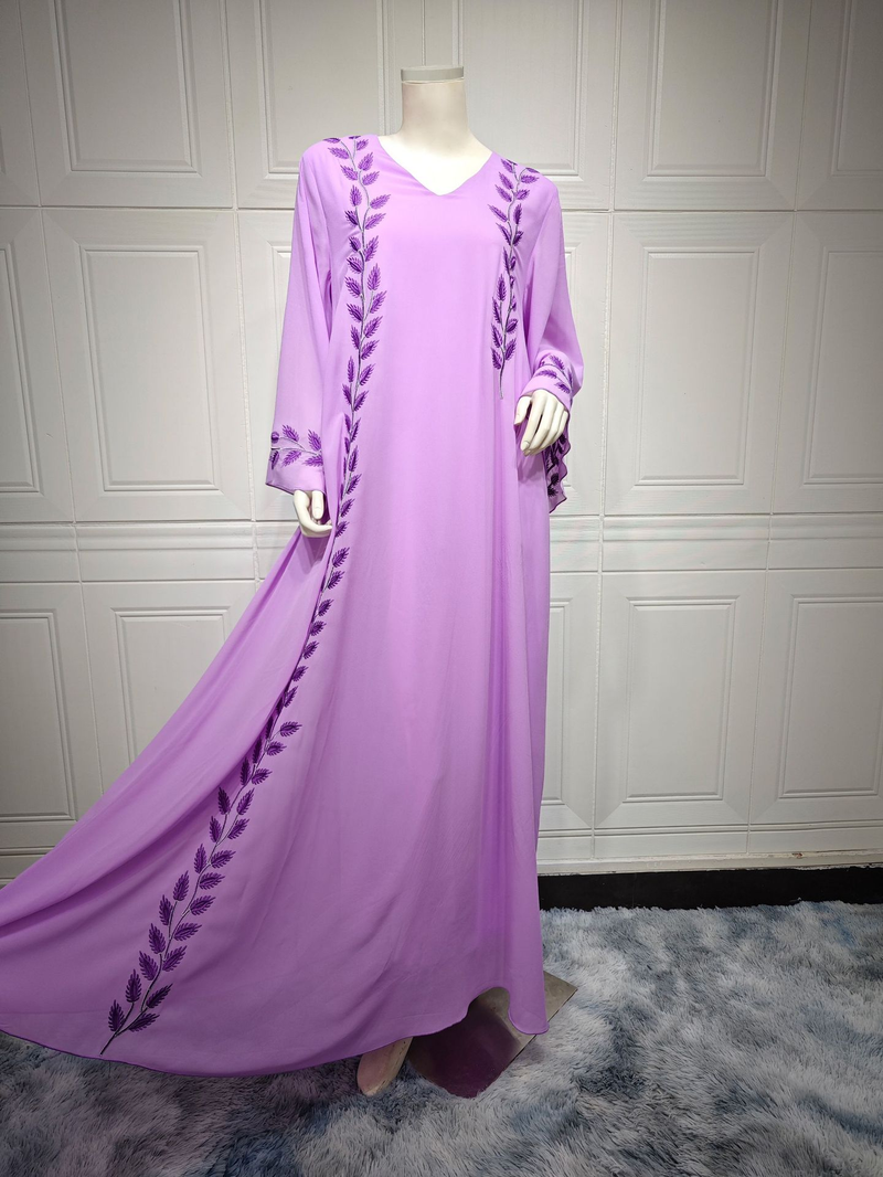 Damenmode Street Chiffon langes muslimisches besticktes rosafarbenes Rundhalskleid mit Hijab_voghion.com