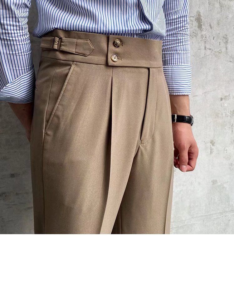 Herrenbekleidung Einfarbige Neun-Punkt-Hose mit hoher Taille Temperament Lässige Business-Hose mit italienischen Pariser Knöpfen Herrentrend_voghion.com