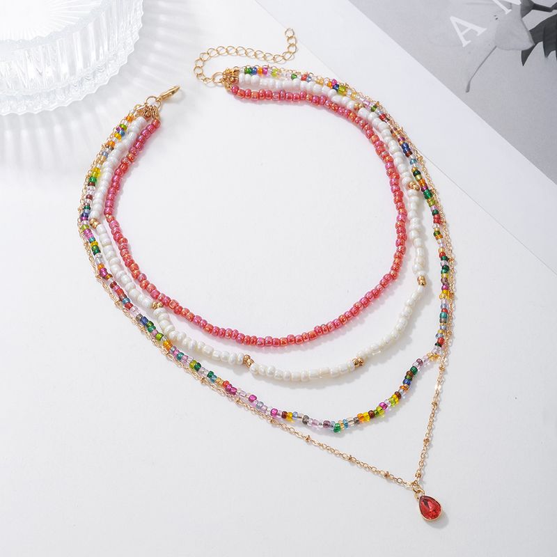 New Bohemian style pearl multi-layer colorful rice collarbone chain color blocked bead stacking necklace_voghion.com