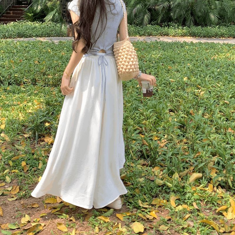 2025 Summer New Style Matching Blue Lace-Up T-Shirt Women's Loose Wide-Leg Skirt Pants Two-Piece Set_voghion.com