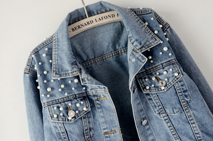 Chaqueta vaquera de manga larga para mujer, chaqueta vaquera holgada con botones y perlas, solapa corta, informal salvaje, entrega rápida, novedad de otoño de 2023_voghion.com