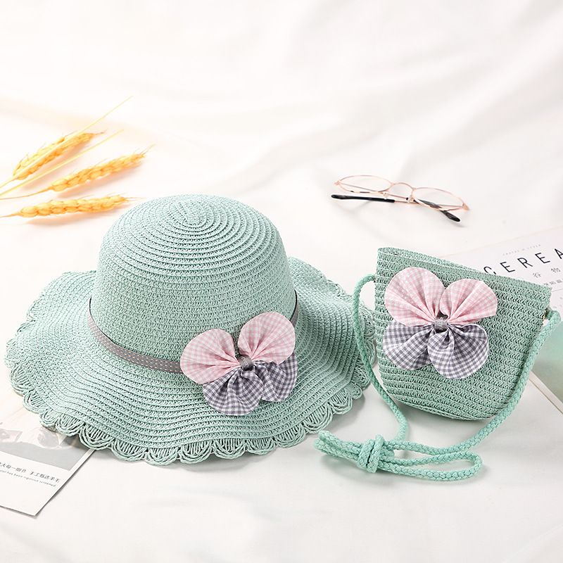 Moda Ragazze Paglia Turismo Fiore Bambini Cappello da Sole e Borsa Set Bambino Esterno Tesa Larga Cappelli da Pescatore_voghion.com